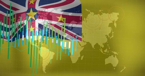 Displaying Niue flag with financial bar charts, world map overlay and data visualization