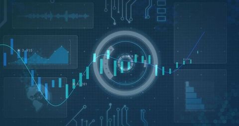 Futuristic financial dashboard modern HUD with teal candlestick chart and rising trend line