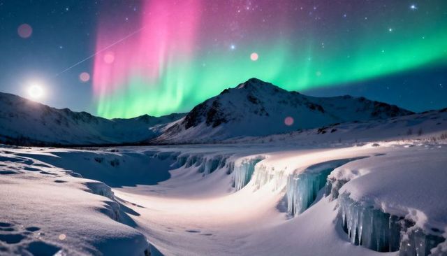 Aurora borealis dancing over icy ravine with glowing snow and crystalline icicles