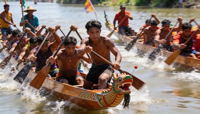 Shirtless paddlers racing dragon boat on river, leading teamwork, tradition and speed