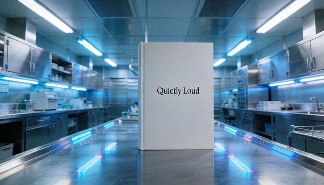 Quietly loud minimalist white book on stainless counter with blue led industrial kitchen