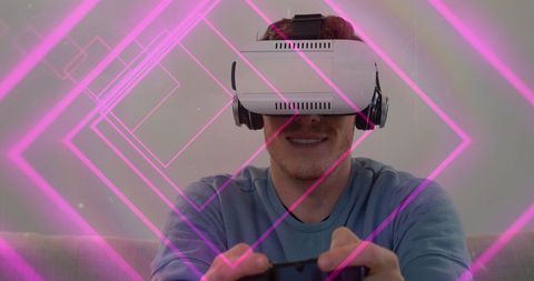Vr enthusiast immersed in neon virtual reality experience