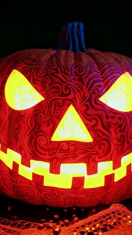 Vertical video capturing blinking carved jack-o-lantern glowing red and yellow with swirl carving an