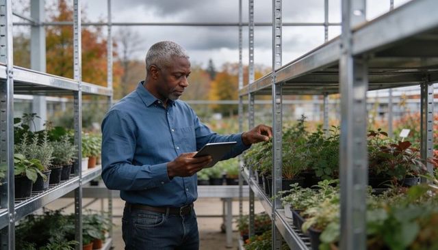 Senior black horticulturist inspecting potted plants with tablet in outdoor greenhouse