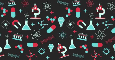 Colorful science icons background with laboratory and tech symbols