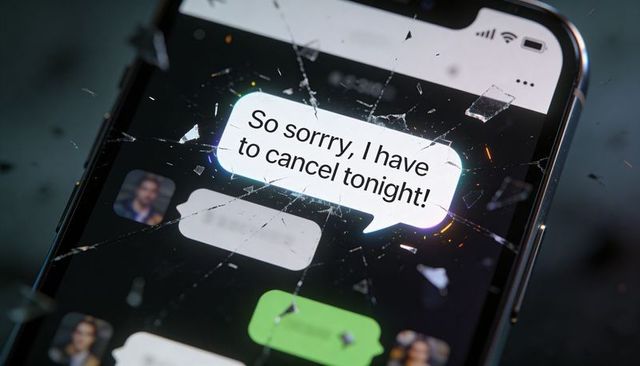 Shattered Smartphone Screen Showing Canceled Text Message Bubble on Dark Desk with Cracked Glass