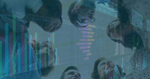 Diverse Team Analyzing Data with Digital Overlays on Screen