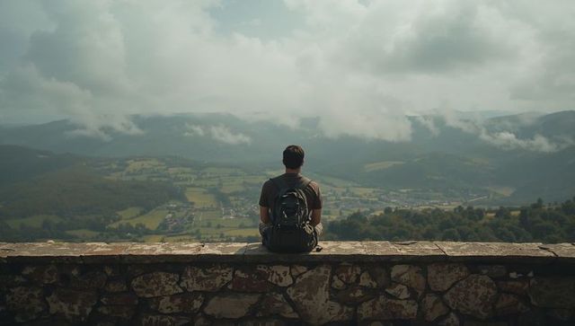 Sitting backpacker on stone wall overlooking misty valley panorama