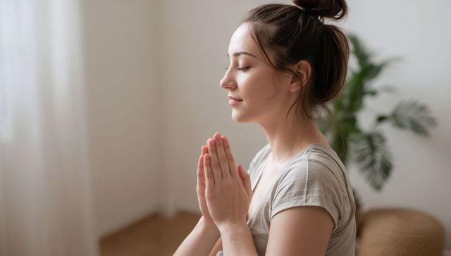Young woman practicing mindful prayer and meditation in minimalist sunlit room
