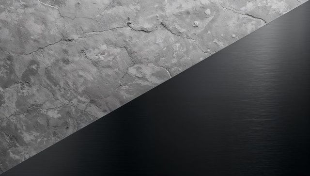 Diagonal contrast brushed steel panel meeting cracked concrete texture minimal background