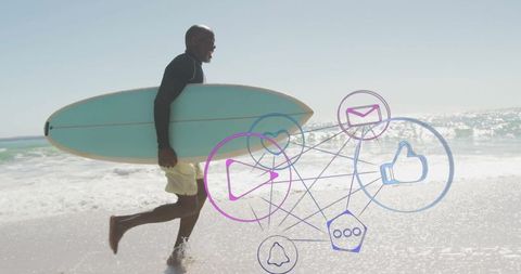 Surfer Engaging with Digital Elements at Beach