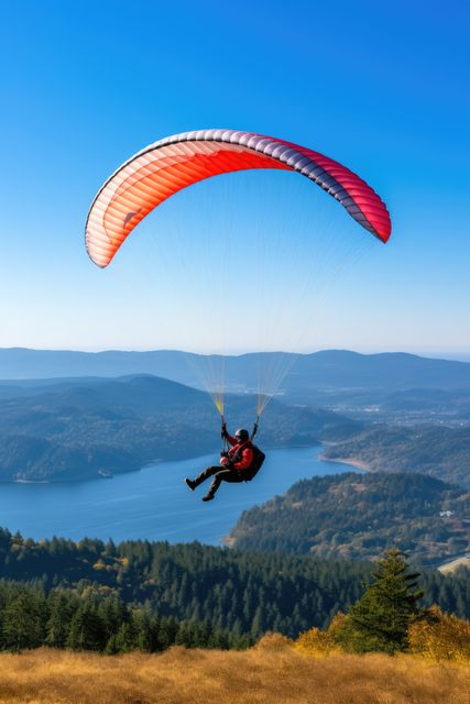 Person paragliding over beautiful mountain range with lake below. Useful for travel and adventure content, tourism promotions, outdoor activities blogs, sports and fitness advertisements, and nature wallpapers.