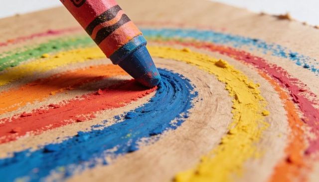 Blue crayon drawing concentric rainbow rings on kraft paper with textured wax shavings
