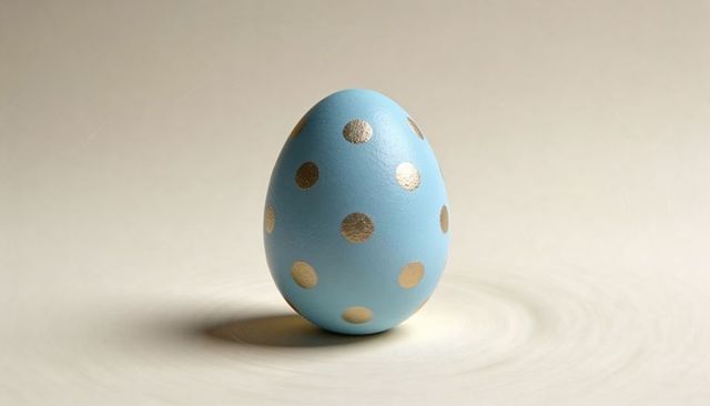 Pastel blue egg with gold polka dots on pale background minimal studio still life