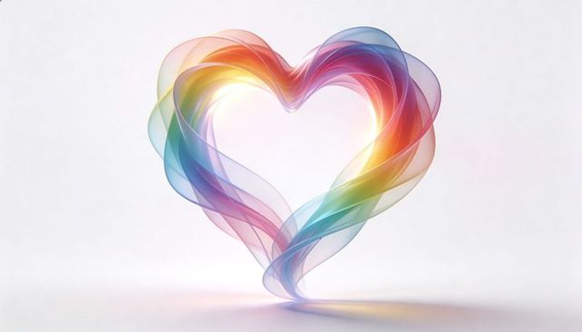 Translucent rainbow ribbon heart hovering on soft white surface with gentle reflection