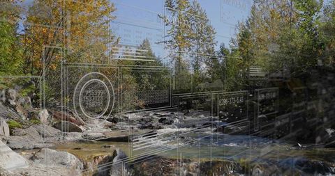 Wireframe overlaying creek stream visualizing data flow over autumn forest rocks and leaves