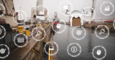 Drone Delivery Logistics Surrounded by Digital Interface Icons