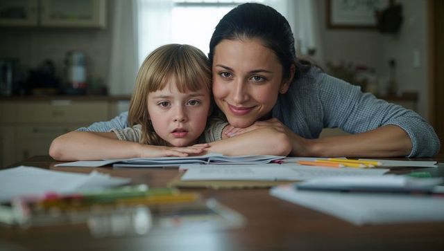 Mother and daughter studying together at kitchen table, homework help and bonding