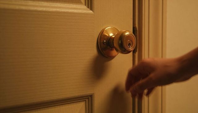 Reaching hand grasping brass doorknob on painted interior door warm closeup with shadow