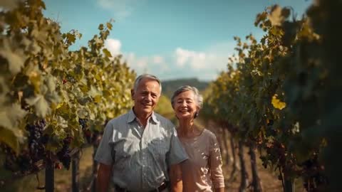Senior couple strolling through sunlit vineyard rows smiling at camera surrounded by ripe grape clus