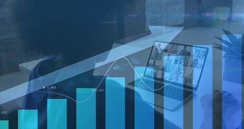 Remote team collaboration overlaid with financial data visualization and upward growth