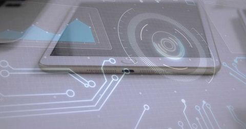 Futuristic holographic hud over tablet on white surface