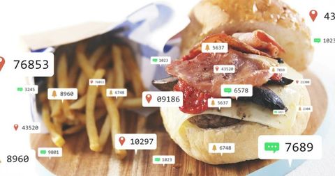 Gourmet bacon burger with fries and social ui overlays for restaurant marketing campaign