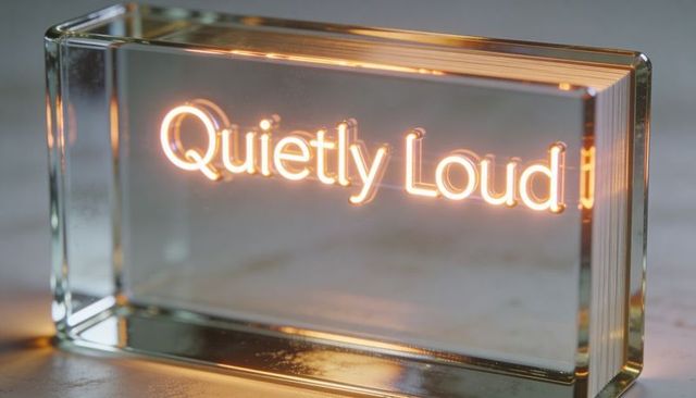 Edge-lit amber glass block with glowing quietly loud typography for minimalist branding