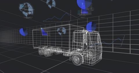 Wireframe Semi Truck and Trailer on 3D Grid with HUD Analytics for Logistics Simulation