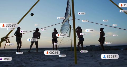 Diverse beach volleyball players with digital data indicator