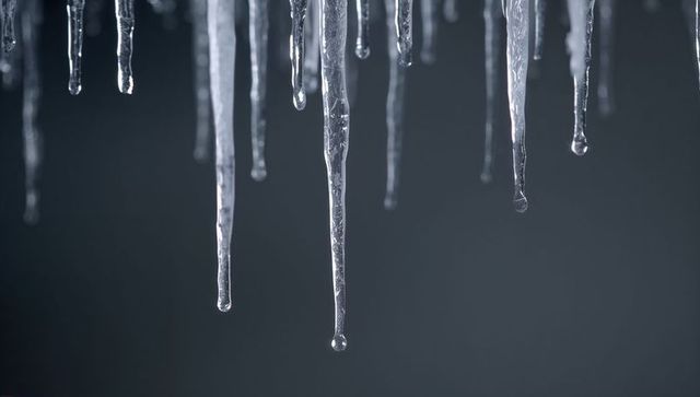 Close-up dripping icicles with melting droplets against soft winter background