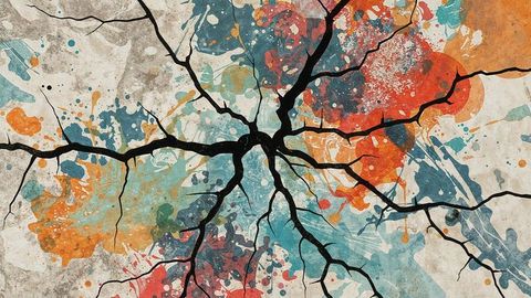 Abstract fractured canvas with colorful paint splashes