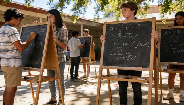 High school students solving algebra on chalkboards in sunlit courtyard