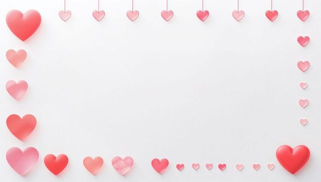 Pink and red paper heart garland border on white cardstock minimal valentine background
