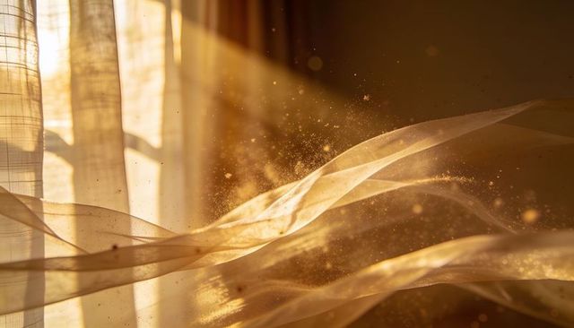 Sheer curtains drifting through golden sunlight with floating dust motes, backlit