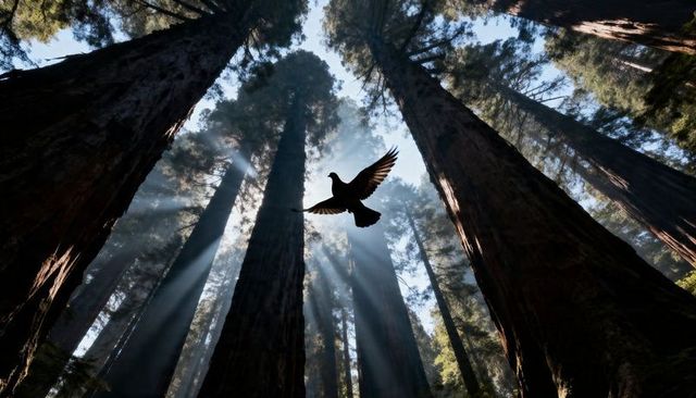 Soaring dove silhouette through towering redwood forest with dramatic sunbeams