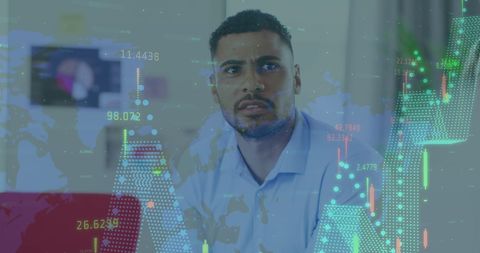 Businessman discusses global data in digital interface environment