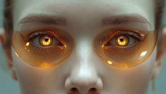 Woman gazing with golden irises and amber under-eye gel patches closeup beauty portrait
