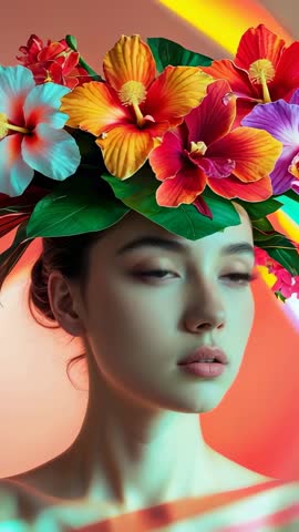 Model turning to camera showcasing vibrant tropical floral crown in vertical studio video