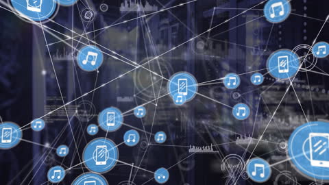 Digital Data Network with Music Icons Overlapping Servers