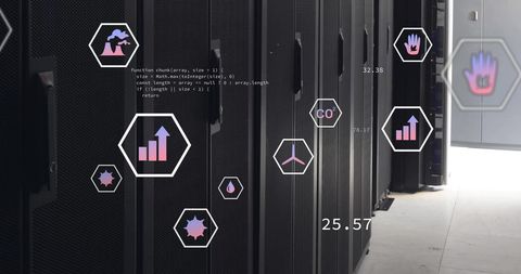 ecology icons and data overlay in modern server room - Download Free Stock Images Pikwizard.com