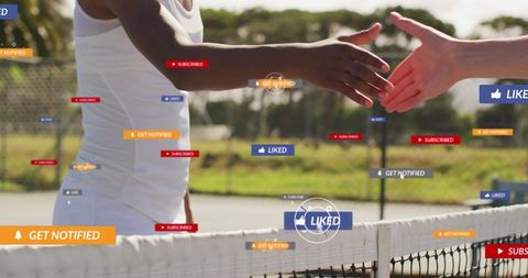Courtside handshake between tennis players with social media like, subscribe and notify overlays