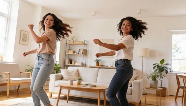 Dancing friends enjoying bright minimalist living room with plants, sofa, coffee table
