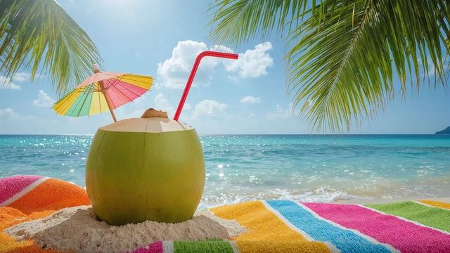 Tropical Beach Coconut Refreshment on Colorful Towel