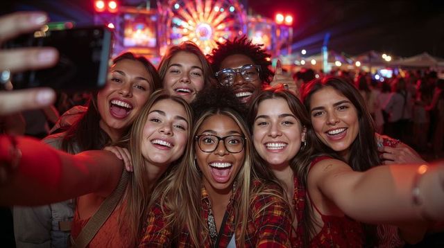 Friends taking selfie at night carnival with glowing ferris wheel and colorful lights