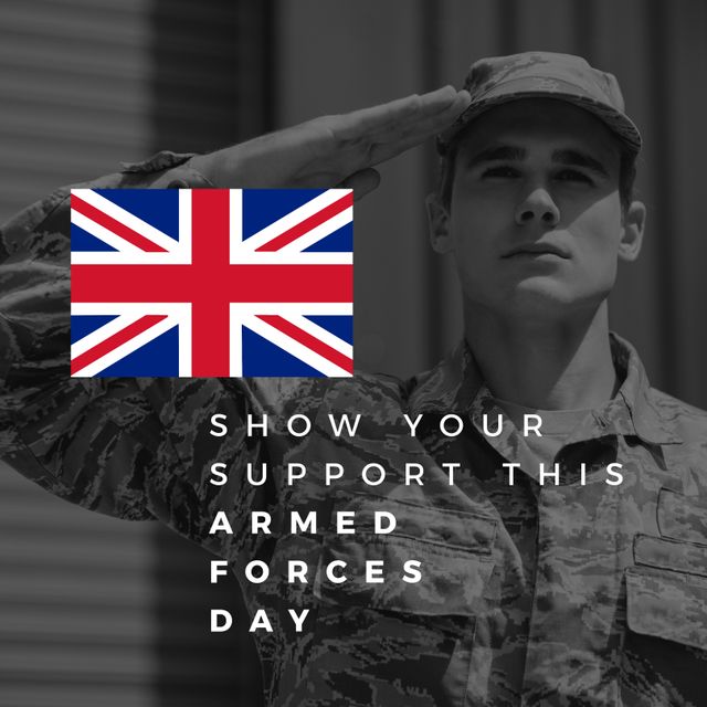 This image showcases a young UK soldier in military uniform saluting with a patriotic theme. The photograph is designed with the Union Jack flag prominently displayed, emphasizing Armed Forces Day. Perfect for promotional materials, social media campaigns, and articles that aim to support and honor the UK military personnel. It can be utilized by organizations and individuals looking to raise awareness or celebrate military contributions.