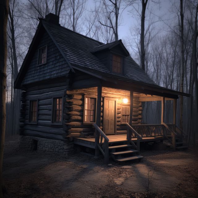 Rustic log cabin with an illuminated porch stands quietly in a dark forest at dusk, creating a serene and tranquil atmosphere. Ideal for illustrating themes of solitude, rustic living, or enchanting countryside settings. Suitable for use in storytelling, promotional materials for retreats, camping advertisements, autumn-themed artwork, or mystery book covers.