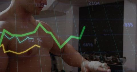 Shirtless man tightening hand wraps in gym with green graph overlay and weights
