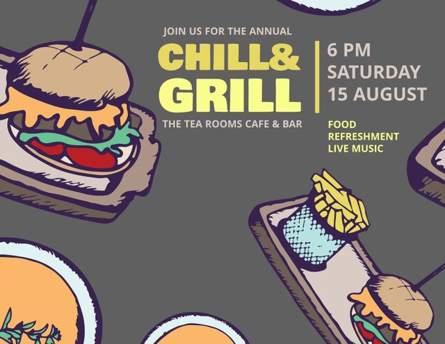 Flyer design promoting a social dining event featuring burgers and grilled food. Includes details such as date, time, location, and event highlights like refreshments and live music. Ideal for promoting community gatherings, local cafes, bars, and social dining events.
