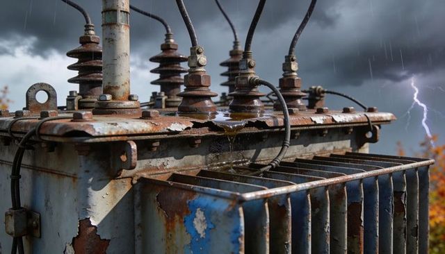 Leaking rusted transformer shedding oil and water during storm with porcelain insulators